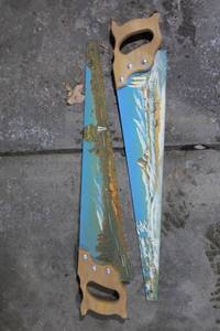 lot 459 image: Vintage Artistic Handsaw Pair with Scenic Landscape Decoration
