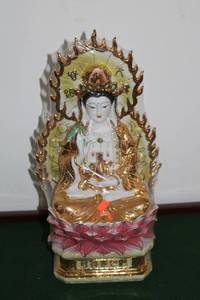 lot 32 image: Porcelain Guan Yin Statue with Golden Accents
