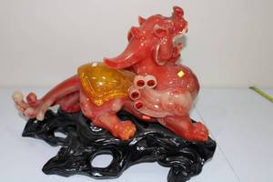 lot A-43 image: Large Red Resin Qilin Figurine with Black Base