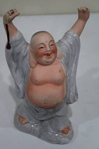 lot 49 image: Ceramic Laughing Buddha Figurine with Grey Robe
