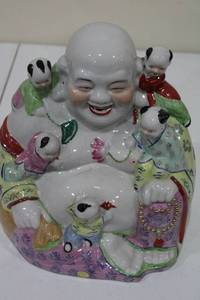 lot 59 image: Colorful Porcelain Laughing Buddha Figurine with Children