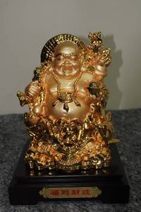 lot 67 image: Gold Plated Laughing Buddha Statue on Wooden Base