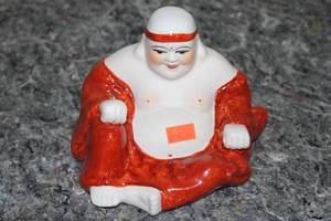lot 87 image: Porcelain Figurine of Laughing Buddha with Red Robe