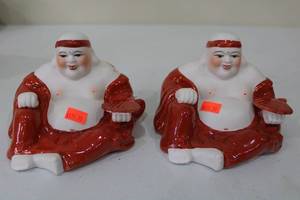 lot 108 image: Pair of Red Buddha Figurines with Fans