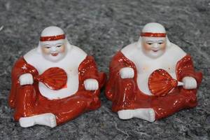 lot 110 image: Pair of Vintage Porcelain Red and White Happy Buddha Figurines