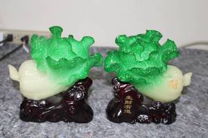 lot 164 image: Pair of Chinese Cabbage Figurines on Ornate Stands