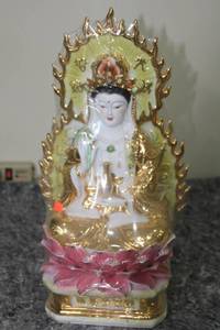 lot 166 image: Porcelain Guan Yin Buddha Figurine with Gold Detailing