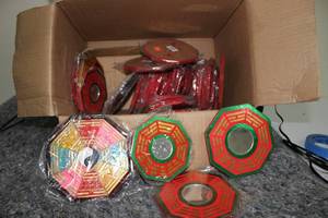 lot 179 image: Box of Feng Shui Octagonal Ba Gua Mirrors with Yin Yang Design