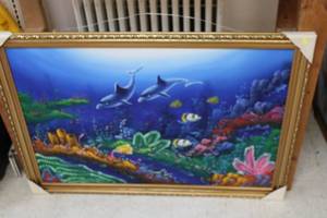 lot 353 image: Framed Ocean Scene Painting with Dolphins