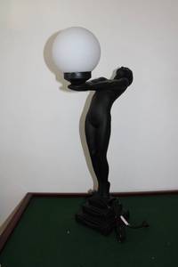 lot 21 image: Unique Black Figurine Table Lamp with Frosted Glass Globe