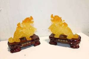 lot 399 image: Pair of Antique Chinese Yellow Foo Dogs Statues on Wooden Stands
