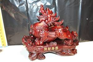 lot 401 image: Exquisite Wood-carved Lion Dog Statue with Ornate Details