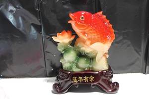 lot 402 image: Vibrant Resin Fish and Lotus Figurine on Carved Stand