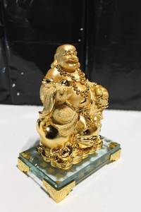 lot 403 image: Golden Laughing Buddha Figure with Beads on Glass Base - 9.5 inches