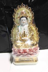 lot 405 image: Ceramic Asian Goddess Statue with Gold Accents and Lotus Base