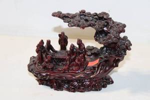 lot 432 image: Hand-Carved Ornate Chinese Rosewood Figurine with Scholars and Landscape Scene