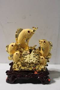 lot 463 image: Elegant Golden Fish Sculpture with Red Eyes on Wooden Base