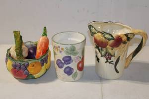 lot 468 image: Vintage Fruit-Themed Ceramic Set Bowl with Vegetables and Decorative Pitcher