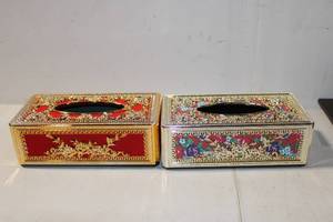 lot 472 image: Set of 2 Decorative Tissue Box Holders with Floral and Red Velvet Design