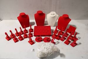 lot 482 image: Collection of 20 Red Velvet Jewelry Displays and Accessories
