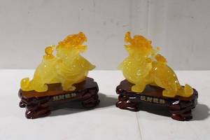 lot 484 image: Pair of Carved Stone Foo Dogs on Wooden Stands