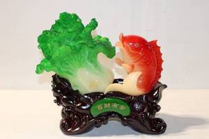 lot 485 image: Elegant Carved Resin Statue of Fish and Cabbage on Wood Base