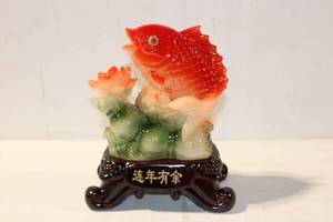 lot 493 image: Colorful Fish Statue with Lotus Flower on Wooden Base