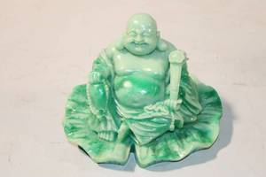 lot 496 image: Vintage Greenstone Laughing Buddha Figurine Sitting on Lotus Flower