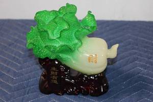 lot 506 image: Chinese Green and White Cabbage Sculpture with Wooden Base