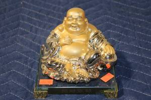 lot 539 image: Golden Laughing Buddha Statue with Glass Base