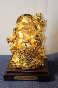 lot 544 image: Golden Laughing Buddha Statue with Base and Decorations