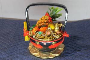 lot 589 image: Decorative Fortune Basket with Pineapple, Oranges, and Gold Coins