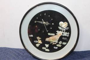 lot 596 image: Vintage Wall Clock with Mother of Pearl Inlay and Bird Motif