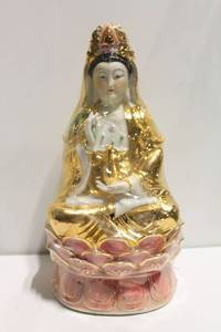 lot 618 image: Porcelain Guanyin Statue with Gold Accents