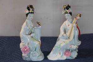 lot 621 image: Pair of Elegant Chinese Porcelain Figurines with Musical Instruments