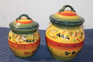 lot 630 image: Set of 2 Hand-Painted Ceramic Storage Jars with Lids