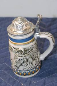 lot 641 image: Collectible Ceramic Beer Stein with Zebra Motif and Pewter Lid