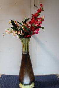 lot 658 image: Tall Vintage Brass Vase with Fabric Flower Arrangement