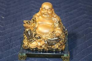 lot 691 image: Golden Laughing Buddha Statue with Ornamented Base