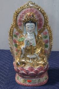 lot 692 image: Porcelain Guan Yin Figurine with Gold and Pink Accents