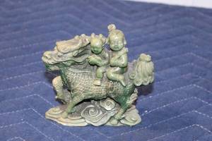 lot 697 image: Antique Green Jade Carving of Children on Qilin