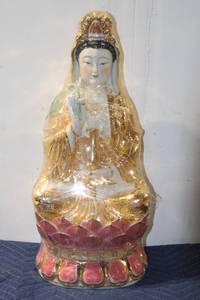 lot 763 image: Large Porcelain Kwan Yin Statue with Gold and Pink Accent