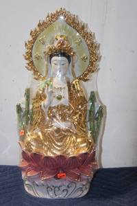 lot 765 image: Large Porcelain Guanyin Figure with Golden Highlights