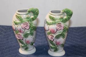 lot 784 image: Pair of Artistic Ceramic Vases with Rose and Greenery Design