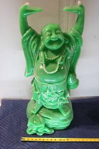 lot 785 image: Tall Ceramic Laughing Buddha Statue with Green Finish