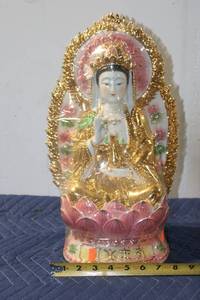 lot 791 image: Porcelain Kwanyin Goddess Figurine with Gold and Floral Accents