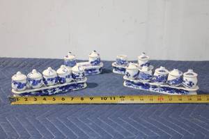 lot 799 image: Set of 13 Blue and White Porcelain Spice Jars with Trays