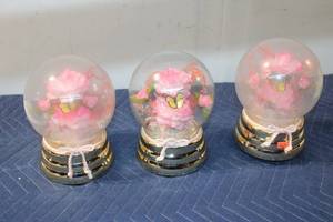 lot 918 image: Set of 3 Decorative Glass Globes with Pink Flowers and Butterfly Accents