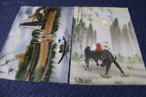 lot 919 image: Set of 2 Signed Asian Artworks Boats by a Pagoda and Man on Ox