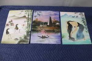 lot A-921 image: Set of 3 Hand-Painted Silk Wall Hangings with Scenic Designs